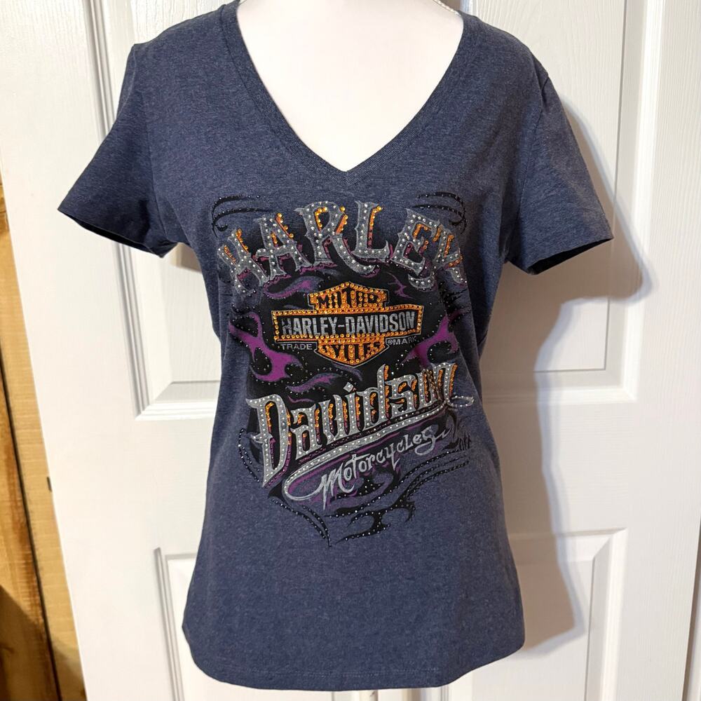 Harley-Davidson Rhinestone Flame Graphic V-Neck Tee Size Medium